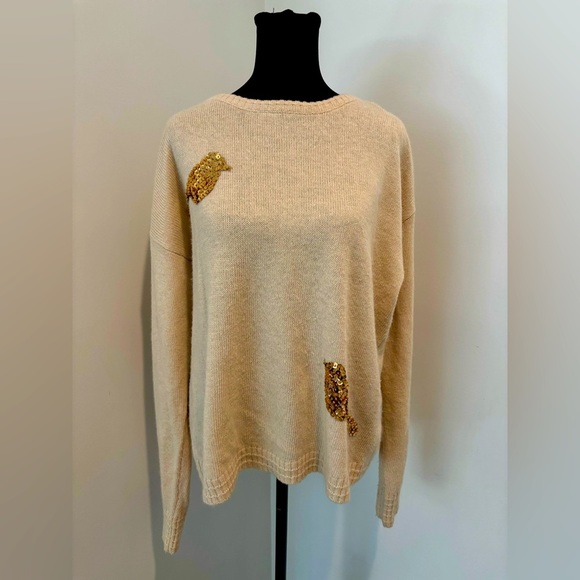 TOPSHOP Beige Oversized Crewneck Sweater w/Gold Sequin Birds Women’s 8 - Picture 2 of 8